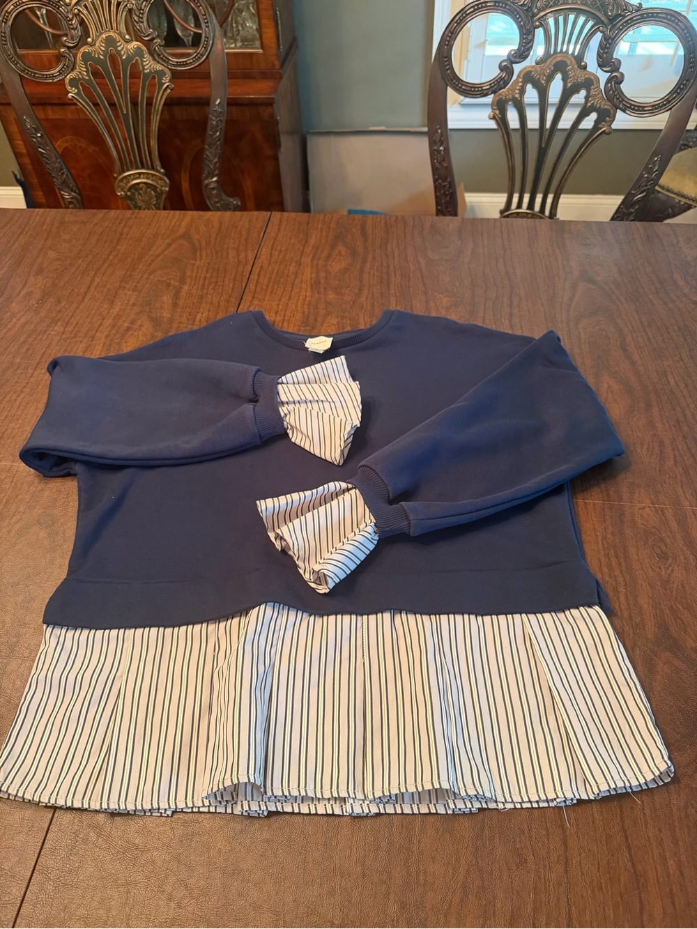 Anthropologie Maeve Navy Sweatshirt with White Striped Ruffle Hem